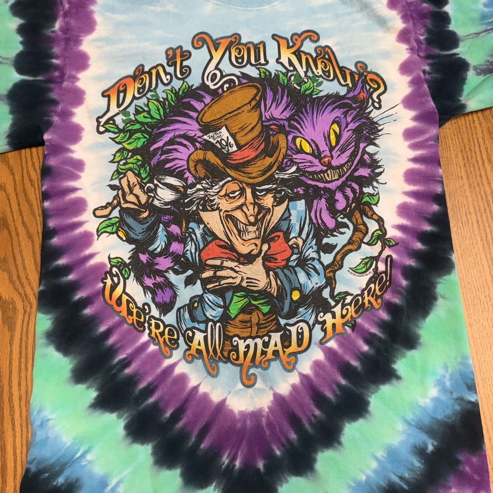 Blue liquid Tie-Dye Graphic Tee with Mad Hatter Design adult medium 2018